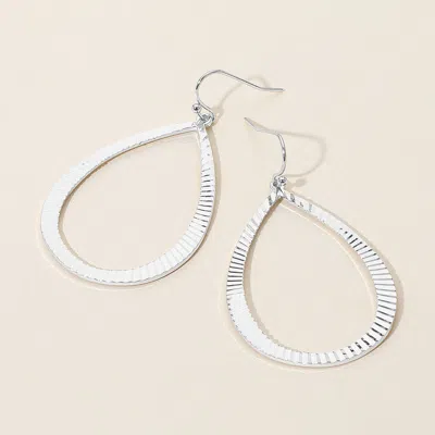 Fashnzfab Ribbed Metal Open Teardrop Dangle Earrings - Silver In White