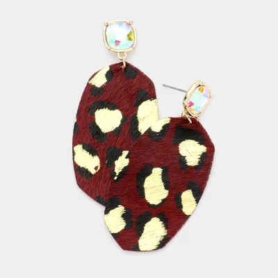 Fashnzfab Leopard Patterned Genuine Leather Hexagon Dangle Earrings - Burdy In Brown
