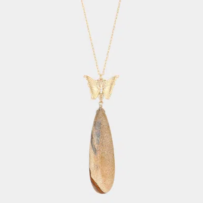 Fashnzfab Butterfly Natural Stone Teardrop Link Pendant Long Necklace In Gold