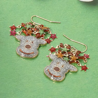 Fashnzfab Glitter Reindeer Dangle Earrings - Gold, Red In Multi