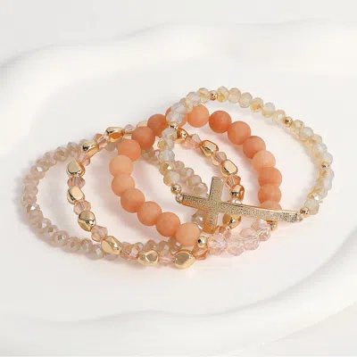 Fashnzfab 4pcs - Textured Metal Cross Pointed Natural Stone Faceted Beaded Stretch Multi Layered Bracelets In Gold