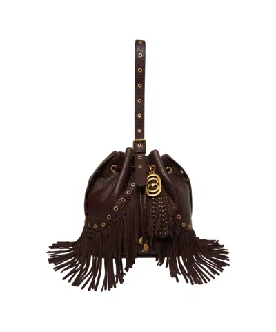 La Carrie Hammered Leather Bucket Bag With Fringes In Brown