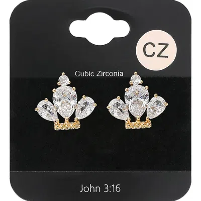 Fashnzfab Teardrop Cz Stone Cluster Crown Evening Stud Earrings - Clear, Gold In Gold