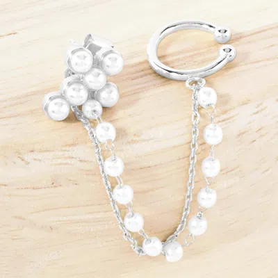 Fashnzfab White Gold Dipped Pearl Cross Chain Ear Cuff Earrings - Rhodium, White In Metallic