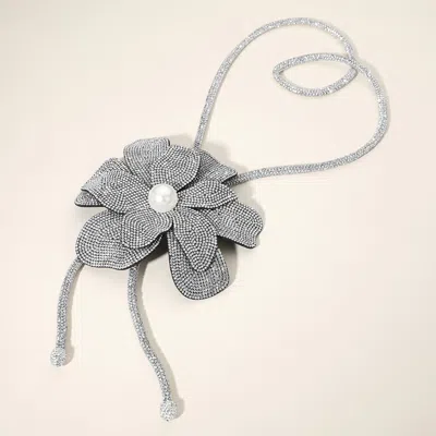 Fashnzfab Pearl Centered Bling Studded Flower Pointed Bolo Tie Necklace In Gray