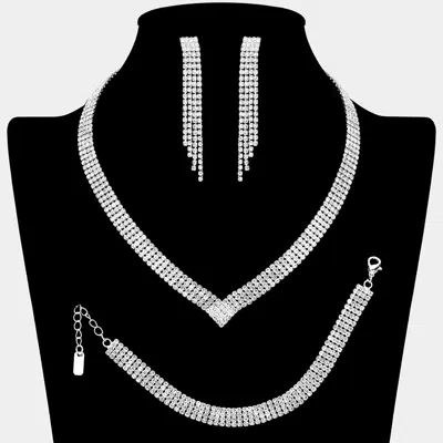 Fashnzfab Four Row Rhinestone Paved V Shaped Jewelry Set In Metallic