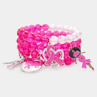 Fashnzfab 4pcs - Pink Ribbon Stiletto Heel Hope Message Afro Girl Charm Faceted Beaded Stretch Bracelets In Pink