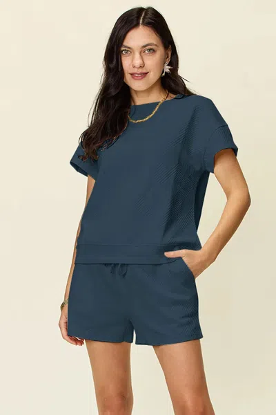 Truedames Full Size Texture Short Sleeve T-shirt And Drawstring Shorts Set In Blue