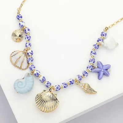 Fashnzfab Metal Shell Locket Puka Shell Ceramic Starfish Sealife Charm Station Ceramic Ball Beaded Necklace In Gold