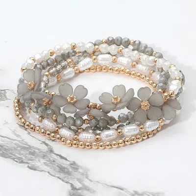 Fashnzfab 5pcs - Floral Pearl Faceted Beaded Stretch Multi Layered Bracelets In Multi