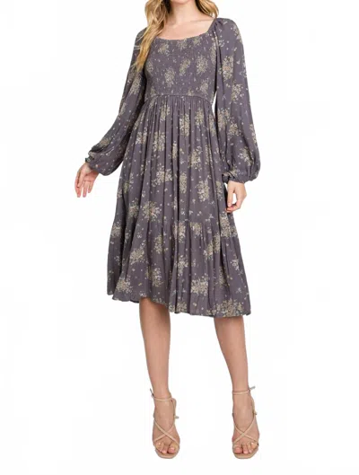 Elleborn Printed Smocked Dress In Grey In Gray