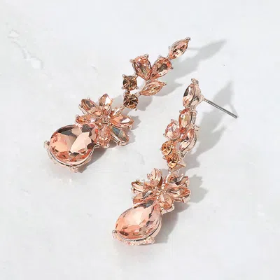 Fashnzfab Floral Stone Teardrop Cluster Drop Evening Earrings - Peach, Rose Gold In Gold