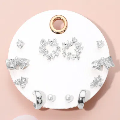 Fashnzfab 6pairs - Elegant Pearl Vine Bow Hoop Earring Set - Clear, Silver In Gold