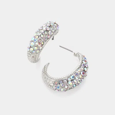 Fashnzfab Rhinestone Embellished Half Hoop Earrings - Ab, Rhodium In Metallic