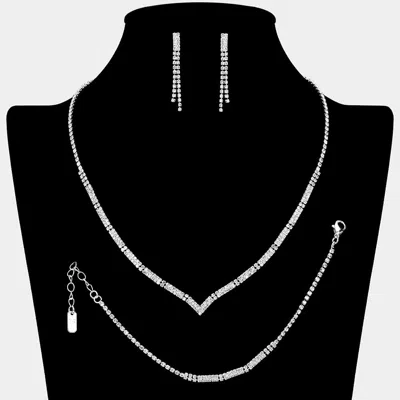 Fashnzfab Rhinestone Paved Bar Link V Shaped Jewelry Set In Multi