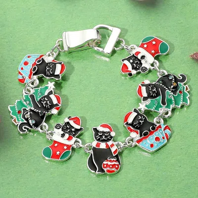 Fashnzfab Enamel Christmas Black Cat Link Magnetic Bracelet In Multi