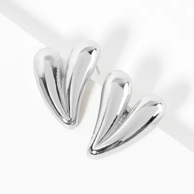 Fashnzfab White Gold Dipped Chunky Metal Heart Earrings - Rhodium In Silver