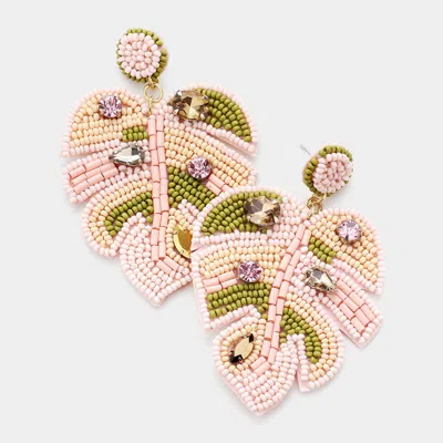 Fashnzfab Felt Back Stone Embellished Seed Beaded Tropical Leaf Dangle Earrings - Pink In Multi