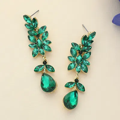 Fashnzfab Marquise Stone Embellished Teardrop Stone Cluster Dangle Evening Earrings - Emerald, Gold In Green