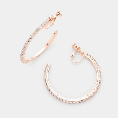 Fashnzfab 1.75 Inch Rhinestone Hoop Clip On Earrings - Rose Gold In Gold