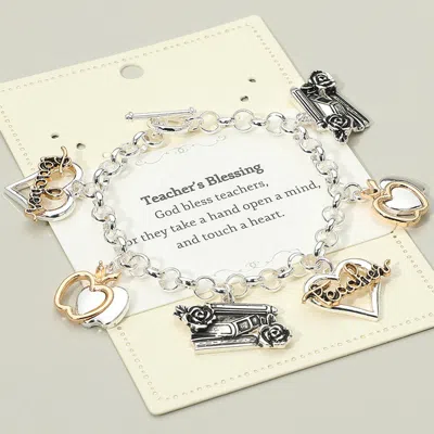 Fashnzfab Teachers Blessing Message Apple Heart Book Charm Station Toggle Bracelet In Gold