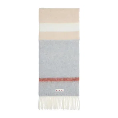 Marni Multicolour Wool Scarf With Fringed Edges And Logo Label In Gray
