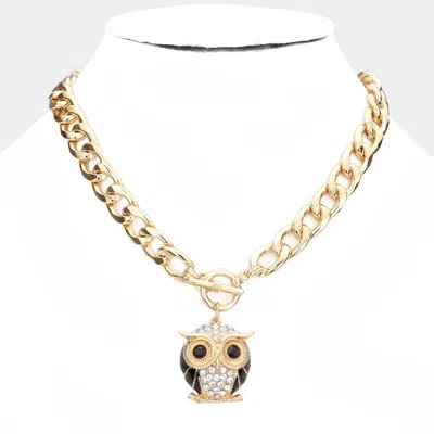 Fashnzfab Stone Embellished Owl Pendant Toggle Necklace In Gold