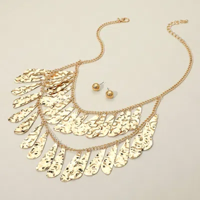 Fashnzfab Hammered Metal Teardrop Plate Layered Statement Necklace In Gold