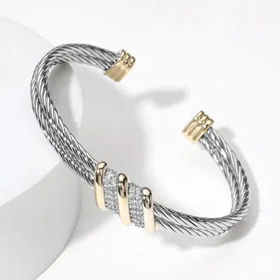 Fashnzfab Two Tone Cz Stone Paved Rope Cuff Bracelet In Metallic