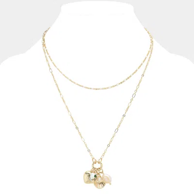 Fashnzfab Metal Heart Pearl Pointed Shell Charm Pendant Layered Necklace In Gold