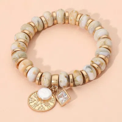 Fashnzfab Metal Embossed Medal Square Stone Pearl Charm Rein Disc Beaded Stretch Bracelet In Gold