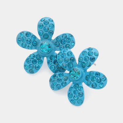 Fashnzfab Crystal Rhinestone Paved Flower Stud Earrings - Blue Zircon, Teal In Metallic