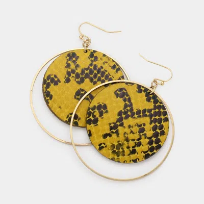 Fashnzfab Snake Patterned Faux Leather Round Dangle Earrings - Gold, Yellow In Green