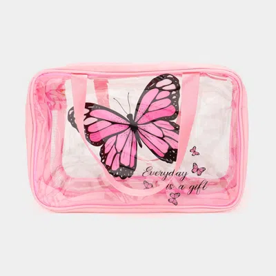 Fashnzfab Butterfly Message Printed Translucent Mesh Divided Shoulder Bag / Tote Bag In Pink