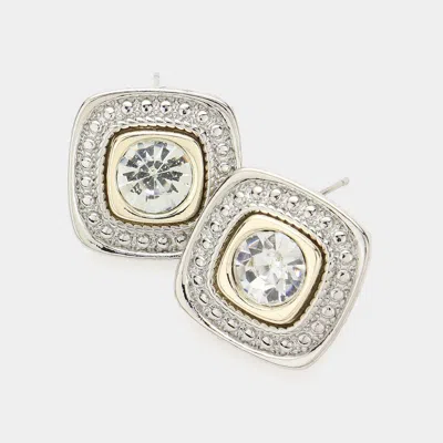 Fashnzfab Round Stone Pointed Square Stud Earrings - Rhodium In Gold