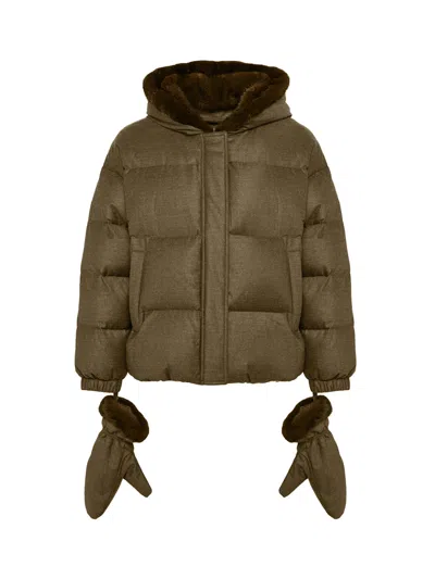 Yves Salomon Short Hooded Down Jacket Earth In Green