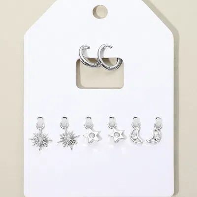 Fashnzfab Stone Embellished North Star Crescent Moon Interchangeable Earring Set - Clear, Rhodium In Metallic