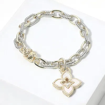 Fashnzfab 14k Gold Plated Two Tone Mother Of Pearl Clover Charm Magnetic Bracelet In Multi