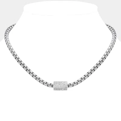 Fashnzfab Cz Stone Paved Cylinder Pointed Magnetic Necklace In Silver