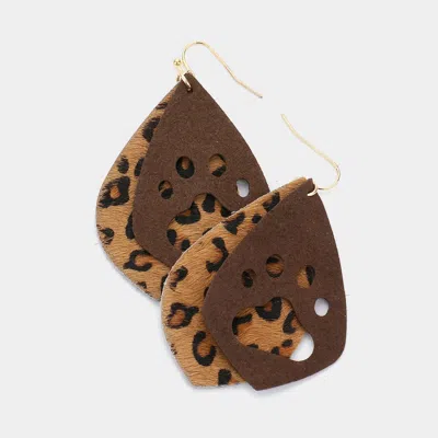 Fashnzfab Cutout Paw Detailed Leopard Patterned Genuine Leather Dangle Earrings - Brown In Animal Print