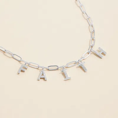 Fashnzfab Semi Fine Collection - 18k Gold Dipped Brass Metal Stone Paved Faith Monogram Charm Paperclip Chain  In Silver