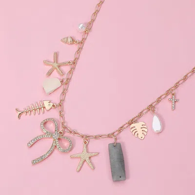 Fashnzfab Stone Paved Bow Metal Starfish Fish Shell Pearl Tropical Leaf Charm Station Necklace In Multi