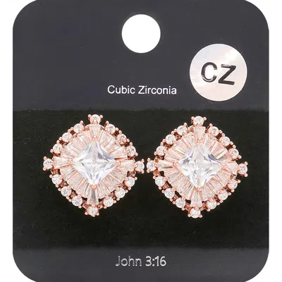 Fashnzfab Cz Square Stone Accented Stud Evening Earrings - Rose Gold In Multi