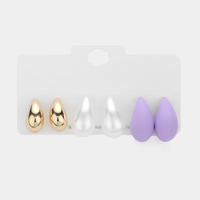 Fashnzfab 3pairs - Metal Pearl Matte Teardrop Stud Earrings Set - Lavender In Multi