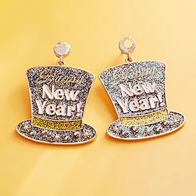 Fashnzfab Glittered Enamel Happy New Year Message Hat Dangle Earrings - Multi In Metallic