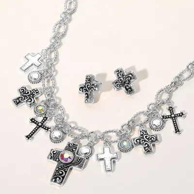 Fashnzfab Two Tone Metal Intricate Scroll Cross Stone Cluster Charm Embellished Necklace In Multi
