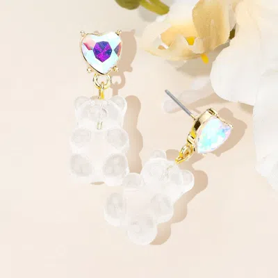 Fashnzfab Heart Stone Gummy Bear Dangle Earrings - Clear, Gold In Gold