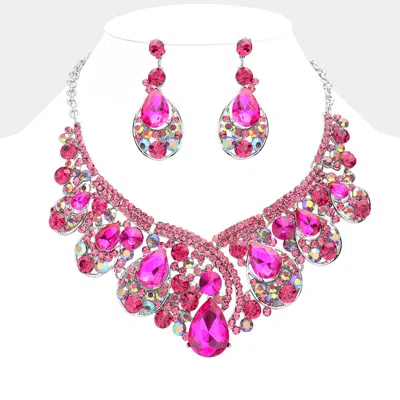 Fashnzfab Glass Crystal Teardrop Bubble Evening Necklace In Pink
