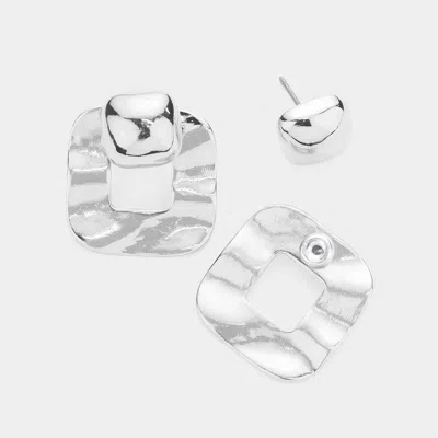 Fashnzfab Crushed Open Metal Square Peekaboo Earrings - Rhodium In Metallic