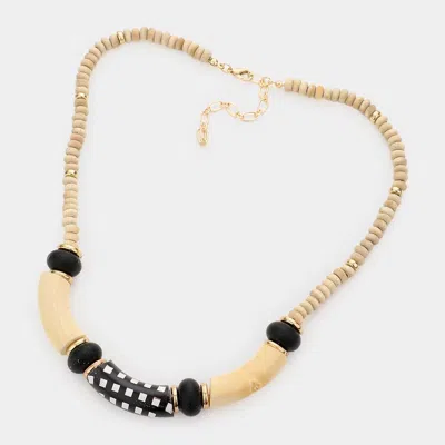 Fashnzfab Check Pattered Resin Accented Wood Beaded Necklace In Gold